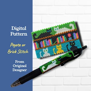 May include: A black pen with a beaded cat design and a matching beaded rectangle. The rectangle and pen feature a green, black, white, yellow, and blue cat pattern. The text "Digital Pattern Peyote or Brick Stitch From Original Designer" is visible.