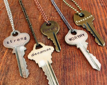 Key Necklace, Hand Stamped Keys, Personalized Giving Necklace, Unique Custom Gift Idea Featuring Upcycled Repurposed Keys