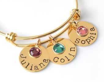 Personalized Kids' Names Bangle Bracelet: Swarovski Birthstone Charm