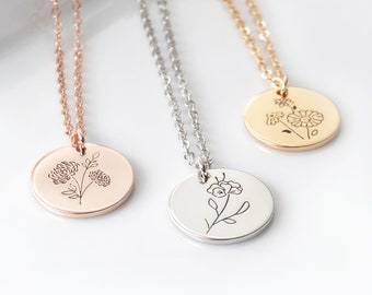 Birth Flower Necklace • Unique Hand Stamped Coin Necklace For Birthday