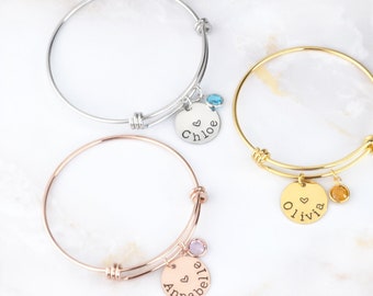 Child Name Bracelet • Personalized Little Girl Heart Charm Bangle • Custom Kids Birthstone Bracelet Jewelry • Bangle Charms For Girls