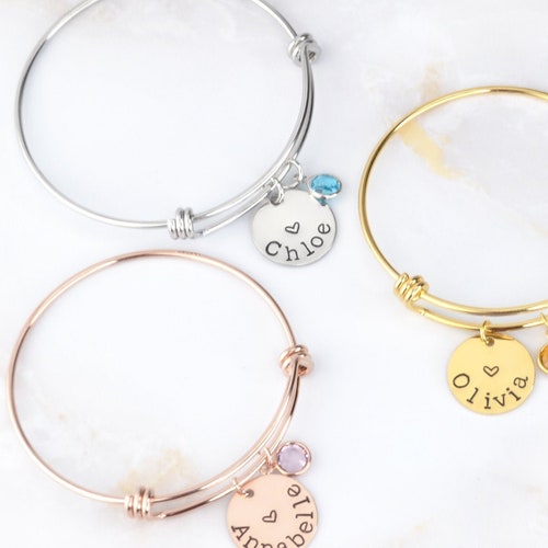 Personalized Name Bangle Bracelet Bracelet With Heart Charm Etsy