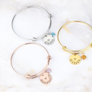 Child Name Bracelet • Personalized Little Girl Heart Charm Bangle • Custom Kids Birthstone Bracelet Jewelry • Bangle Charms For Girls