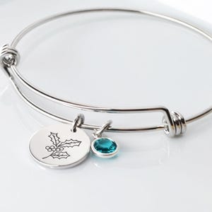 Personalized Birth Flower Bangle • Adjustable Bracelet with Flower Charm and Custom Birthstone