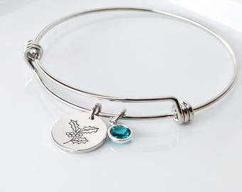 Brazalete de flor de nacimiento personalizado • Pulsera ajustable con dije de flor y piedra de nacimiento personalizada