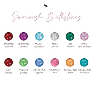 May include: A chart showing the Swarovski birthstones for each month of the year. The chart shows a small, round, gemstone for each month, with the name of the month and the gemstone's name below it.