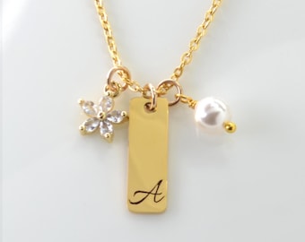 Children's Initial Necklace • Personalized Flower Girl Gift with Pearl and Cubic Zirconia Flower Charm