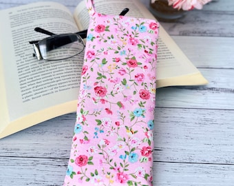 Soft Pink Rose Pattern Fabric Glasses Case, Soft Sunglasses Case, Floral Eyeglasses Case, Magenta Pink Rose Reading Glasses Case