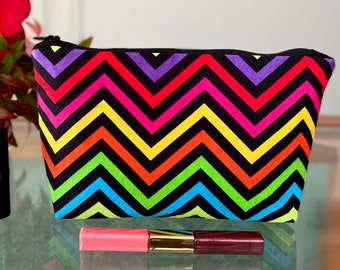 Rainbow Chevron Stripe Makeup Bag, Large Cosmetic Bag, Red Travel Makeup Bag, Colourful Pencil Case, Cute Pencil Pouch,  LGBTQ Pride Gift