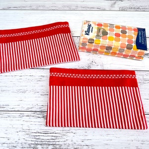 Red and White Stripe Embroidered Pocket Tissue Holder, Travel Tissue Case, Back Pack Tissue Pouch, Car Tissue Dispenser, Tissue Organiser