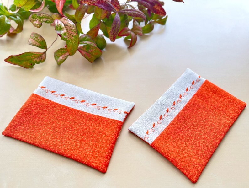 Embroidered Orange Floral Print Fabric Pocket Facial Tissue Holder, Face Tissue Pillow, Flower Pattern Travel Tissue Case, Coworker Gift image 1