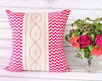 Embroidered Magenta Pink Chevron Stripe Fabric Pillow Cover, 16x16 Cushion Cover, Square Decorative Pillow, Bright Bold Colour Couch Cushion