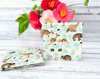 Australian Animals Pattern Fabric Square Drink Coasters Set or 4, Kangaroo Print Square Mug Rug, Aussie Birds Pattern Table Mats, Home Decor