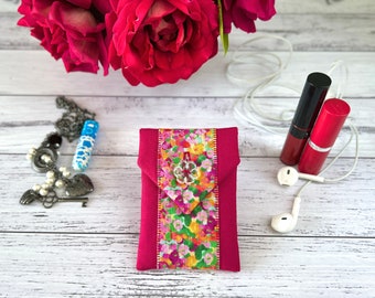 Wildflower Print Mini Fabric Wireless Headphones Pouch, Ruby Lipstick Case, Wired Earbud Holder, Travel Gift for Mum, AirPods Charger Case