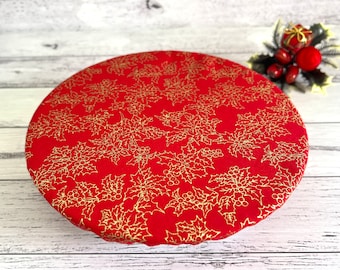 Red and Gold Christmas Fabric Bowl Cover, Reusable Mixer Cover, Washable Salad Bowl Cover, Eco Friendly Food Cover, Red Christmas Ivy Decor