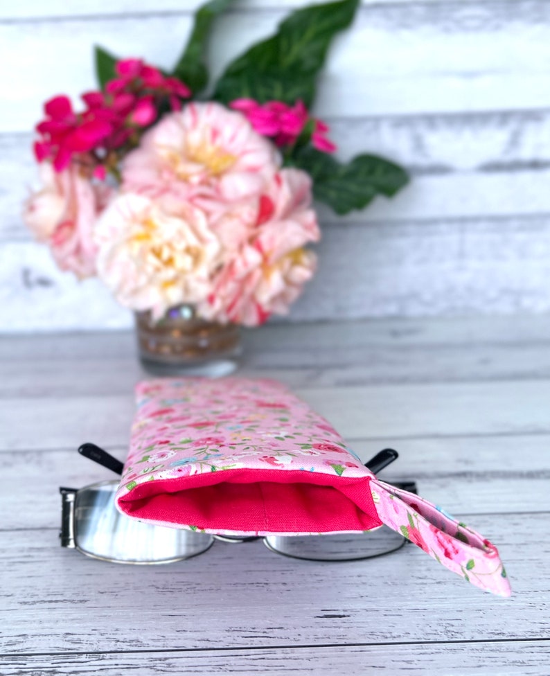 Soft Pink Rose Pattern Fabric Glasses Case, Soft Sunglasses Case, Floral Eyeglasses Case, Magenta Pink Rose Reading Glasses Case image 3