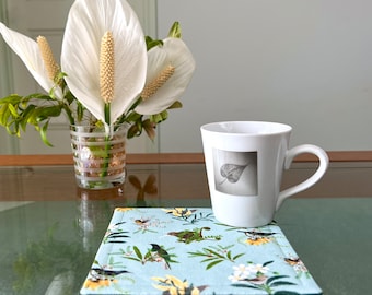 New Zealand Native Birds Print Fabric Padded Square Mug Rug, Cotton Washable Placemat, Kiwi Bird Cloth Coaster, Fantail Table Protector Gift