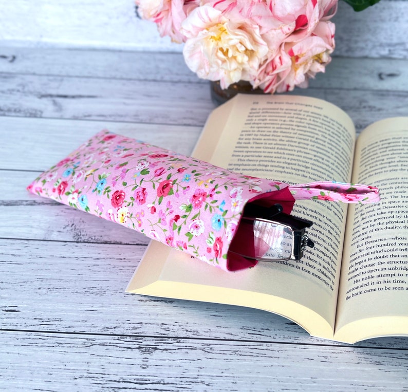 Soft Pink Rose Pattern Fabric Glasses Case, Soft Sunglasses Case, Floral Eyeglasses Case, Magenta Pink Rose Reading Glasses Case image 8