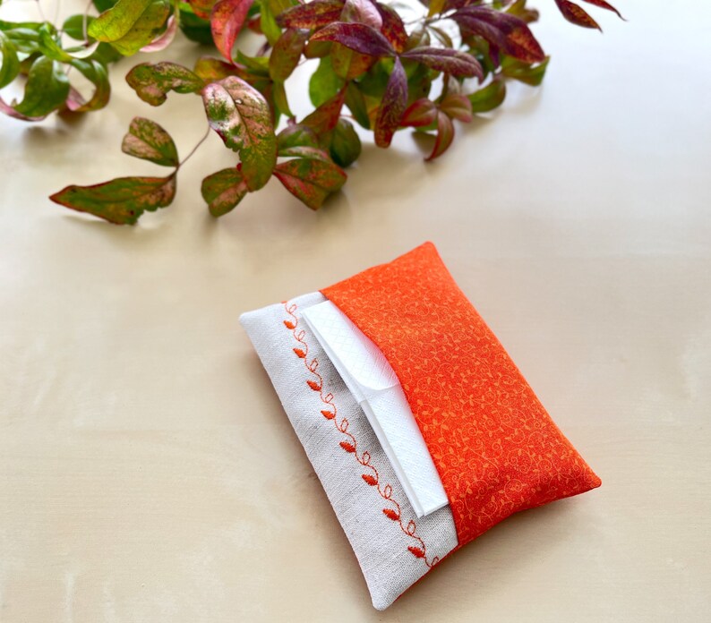 Embroidered Orange Floral Print Fabric Pocket Facial Tissue Holder, Face Tissue Pillow, Flower Pattern Travel Tissue Case, Coworker Gift image 8