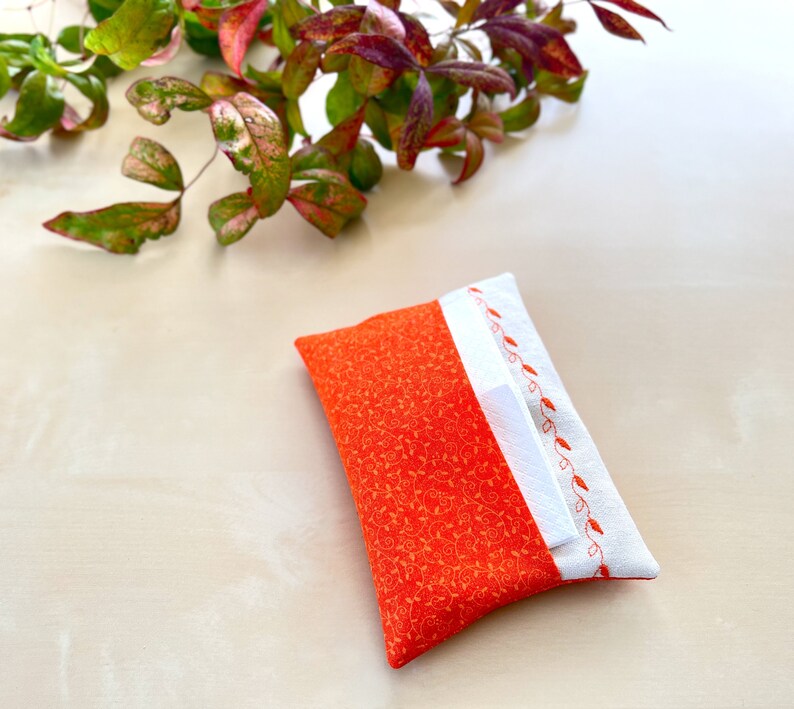 Embroidered Orange Floral Print Fabric Pocket Facial Tissue Holder, Face Tissue Pillow, Flower Pattern Travel Tissue Case, Coworker Gift image 2