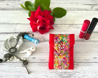 Red Fabric Padded Mini Wireless Headphones Case, Multicoloured Wildflower Print Bluetooth AirPods Charger Holder, Wired Earphone Pouch