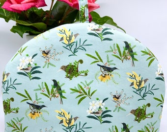 New Zealand Birds Print Fabric Large Tea Cosy, Nature Lovers Floral Tea Cozy, Kiwi Bird Pattern Kettle Cover, Birdwatcher Teapot Cover Gift