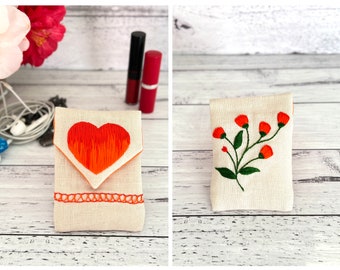 Orange Heart Embroidered Small Jewellery Pouch