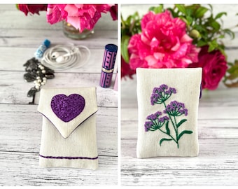 Small Padded Fabric Pouch with Purple Love Heart and Wildflower Embroidery, Lavender Jewellery Travel Bag, Lilac Lipstick Holder, Mum Gifts