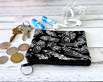 Black and White Music Note Pattern Coin Purse, Music Lover Wireless Earbud Case, Wired Headphones Case, Small Keys Pouch, Earphone Holder