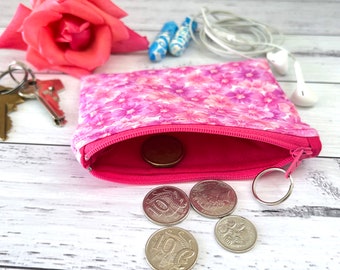 Magenta Pink Floral Coin Purse with Key Ring, Small Zipper Pouch Padded, Flower Pattern Wireless Earbud Case, Purple Fabric Cosmetic Bag