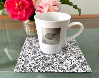 Black and White Paisley Pattern Fabric Large Square Mug Rug, Fathers Day Australia Gifts, Paisley Design Fabric Placemats, Fathers Day Gifts