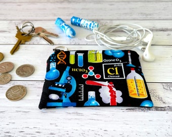 Chemistry Design Fabric Coin Purse with Padding and Key Ring, Science Teacher Cosmetic Case, Scientist Earbud Case, Wired Earphone Pouch