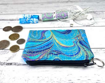 Turquoise and Gold Swirl Pattern Coin Purse, Indigo Padded Cosmetic Pouch, Blue Earbud Case, Wired Earphone Holder, Artist Zip Coin Wallet