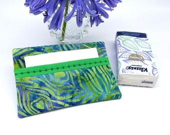 Indigo Blue Turquoise and Green Indonesian Batik Fabric Pocket Tissue Holder, Travel Tissue Organiser, Handbag Tissue Pouch, Coworker Gifts