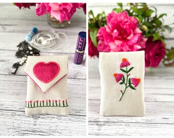 Mini Pink Love Heart Embroidered and Padded Fabric Pouch, Wireless Headphones Case, Wired Earphone Holder, Lipstick Organiser, Earbud Bag