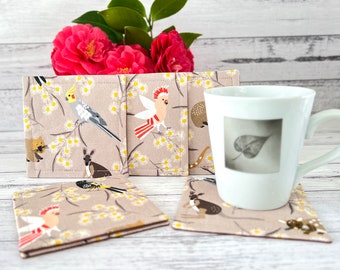 Australian Birds and Animals Pattern Square Fabric Drink Coasters, Padded Washable Mug Rugs, Absorbent Cloth Coasters Set, Christmas Gifts