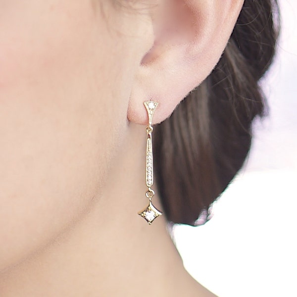 Gold Art Deco Bridal Earrings - Nouveau Earring - Wedding Jewelry - Long CZ Diamond Earings - Vintage Style - Unique Crystal - Bridesmaid