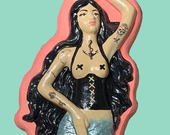 Tattooed Mermaid Chalkware Rockabilly Wall Plaque Art