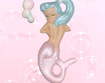 Chalkware Mermaid + Bubbles - Wall Plaque Art - Retro Kitschy Rockabilly Beach House Decor