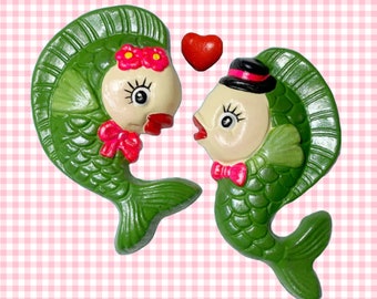 Retro Chalkware Husband and Wife Fish Couple - Nursery or Bathroom Decor