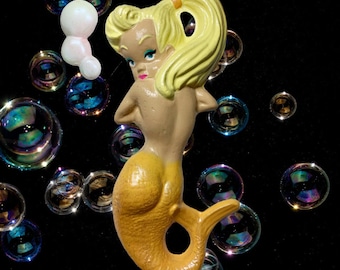 Chalkware Mermaid + Bubbles - Retro Kitschy Rockabilly Mid Century