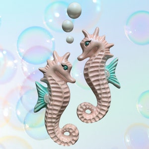 LARGE Chalkware 12" SEAHORSE PAIR + Bubbles - Retro Bathroom Beach House Rockabilly Decor