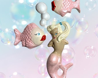 Retro Chalkware Mermaid + Bubbles - + Fish  COMPLETE SET