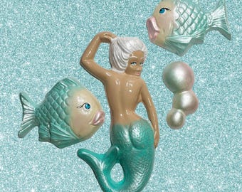 Retro Chalkware Mermaid + Bubbles - + Fish  COMPLETE SET