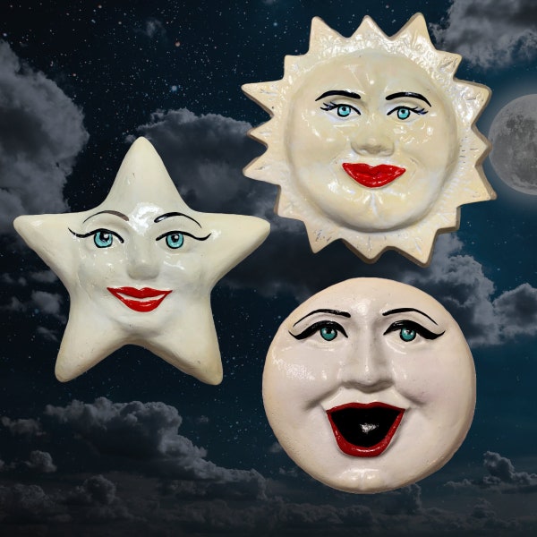 Retro Chalkware Bundle: STAR + MOON + SUN - Happy Faces w/Hanging Wires