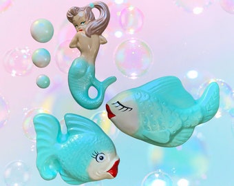 Chalkware Fish + Mermaid + Bubbles - Complete Set - Turquoise