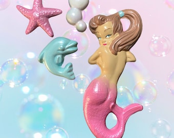 Retro Chalkware Mermaid + Bubbles - + Starfish + Dolphin  COMPLETE SET