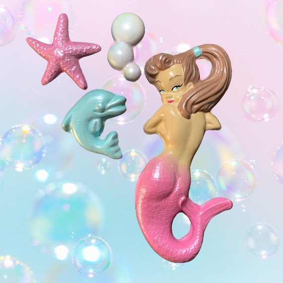 Retro Chalkware Mermaid + Bubbles - + Starfish + Dolphin  COMPLETE SET