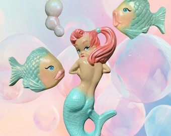 Retro Chalkware Mermaid + Bubbles - + Fish  COMPLETE SET