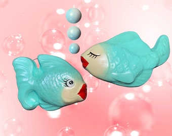 Chalkware Fish & Bubbles COMPLETE SET - Retro Style - AQUA